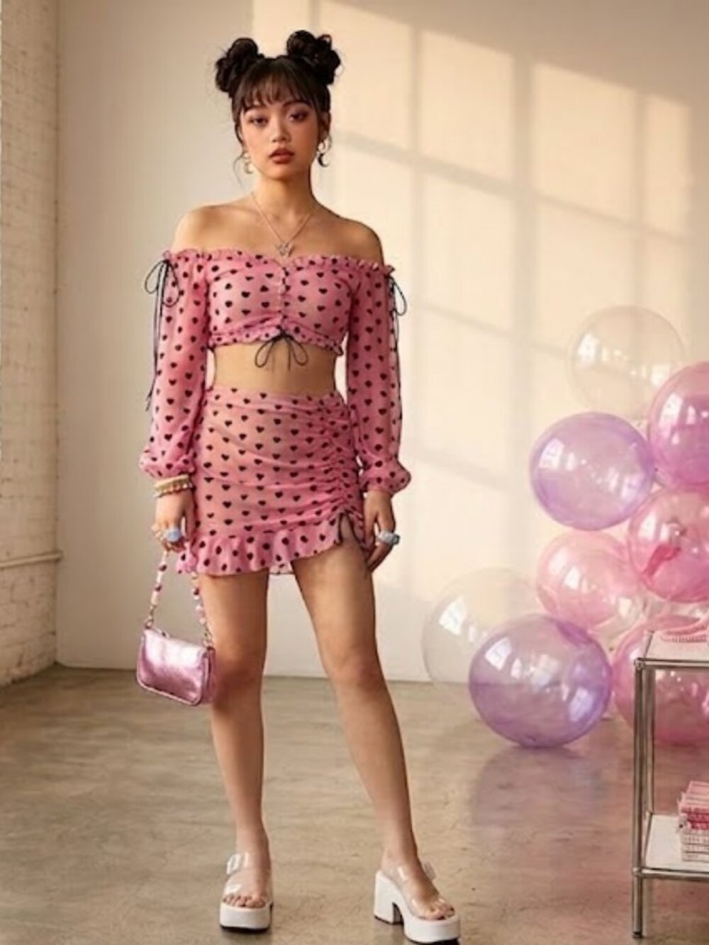 Y2K Barbie Pink Heart Print Two-Piece Crop Top & Skirt Set